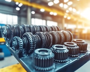 Group of metal gears organized in a manufacturing industrial environment