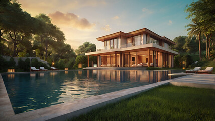 Obraz premium reflection in the water and house