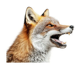 Obraz premium Captivating portrait of a fox displaying its sharp teeth in a fierce expression, showcasing its vibrant fur and keen eyes in nature, cut out