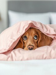 A cute dog peeks out from under a soft pink blanket, displaying expressive eyes and a cozy demeanor.