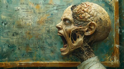 Surreal depiction of a screaming figure with intricate anatomy against a chaotic chalkboard background