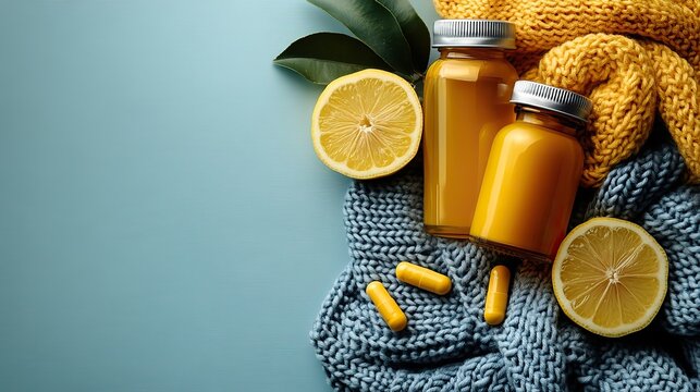 Spray and syrup bottles, pills, capsules, thermometer, knitted scarf, and lemon halves on a light blue background with empty space.