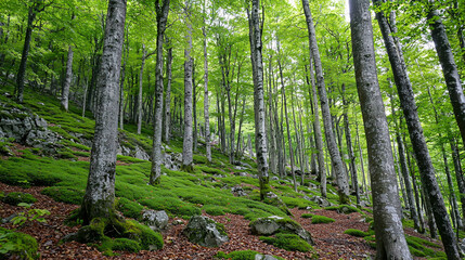Obraz premium A tranquil forest scene with tall trees, lush green foliage, and moss-covered ground, creating a serene natural atmosphere.