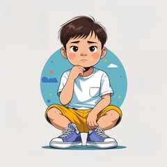 Fototapeta premium young Asian boy serious plain with shoes white background cute small full body colorful cartoon illustration