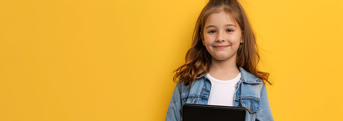 Uśmiechnięta dziewczynka z tabletem na żółtym tle – edukacja, technologia i dziecięca radość.