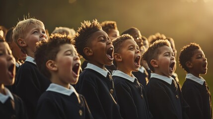 Obraz premium Children in school uniforms singing.