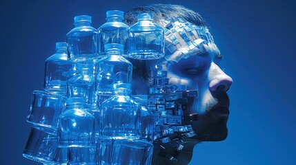 Surreal portrait of a man with glass bottles and digital elements merging into his face against a blue backdrop