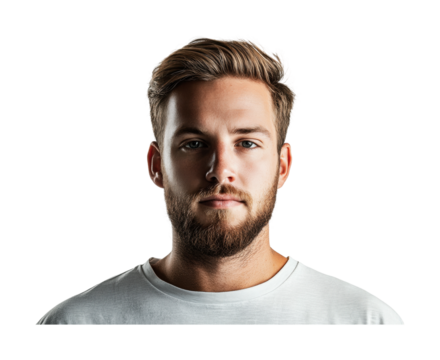Young man with beard and short hair posing in front of a white background for portrait capture or personal branding purposes, cut out