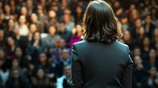 A dark haired woman gives a speech to a large audience, standing on stage with confidence. The crowd listens attentively, creating a dynamic public speaking atmosphere