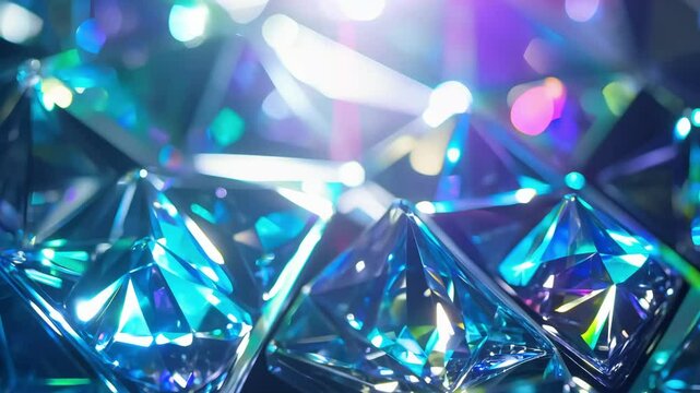 A mesmerizing close-up shot of sparkling blue diamonds reflecting light, creating an abstract, colorful pattern. 
