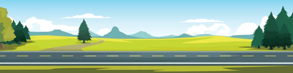 Gardinen Horizontal or landscape of smooth asphalt road. On the wide grassland. Grasses and tree of pine growing on both sides. Dirt road leading to the mountains. Mountain and blue sky with white clouds. © thongchainak