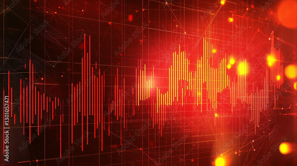 Poster a vibrant red soundwave visualization with glowing elements, representing audio data and dynamic fre