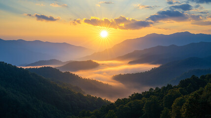 Fototapeta premium A breathtaking sunrise over misty mountains, casting golden light on lush valleys, showcasing nature's beauty and tranquility.
