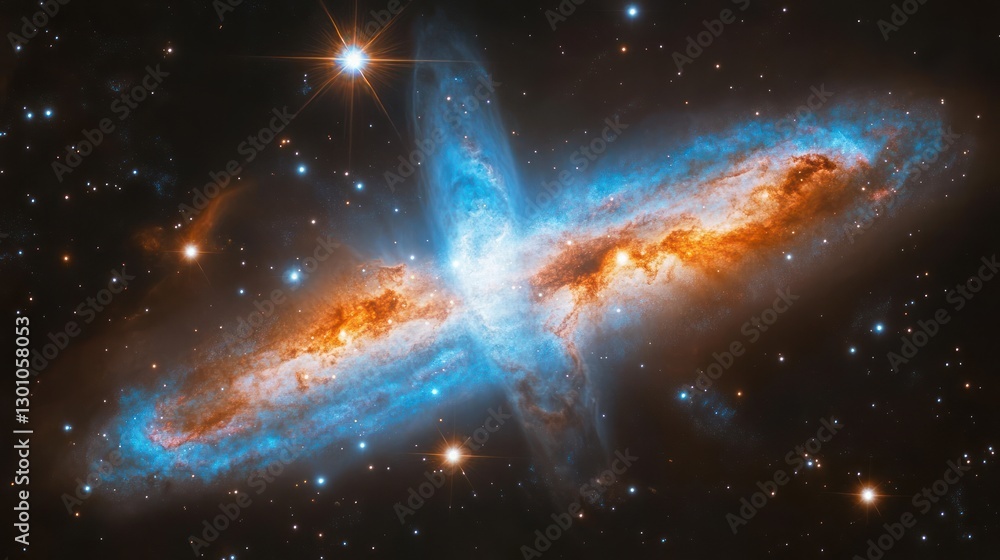 Poster spiral galaxy collision view in deep space with star formation