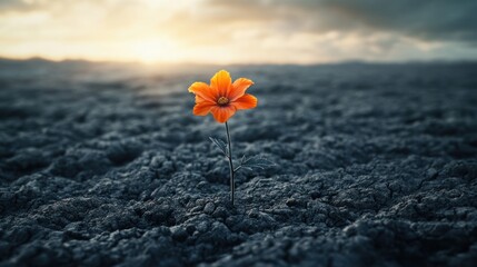 Single orange flower blooms in dark, barren landscape at sunset.
