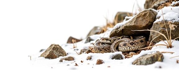 Fototapeta premium Snake resting on rocks in snowy environment