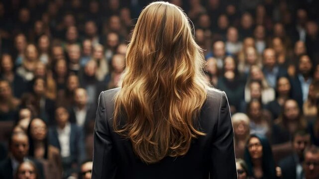 A blonde haired woman gives a speech to a large audience, standing on stage with confidence. The crowd listens attentively, creating a dynamic public speaking atmosphere