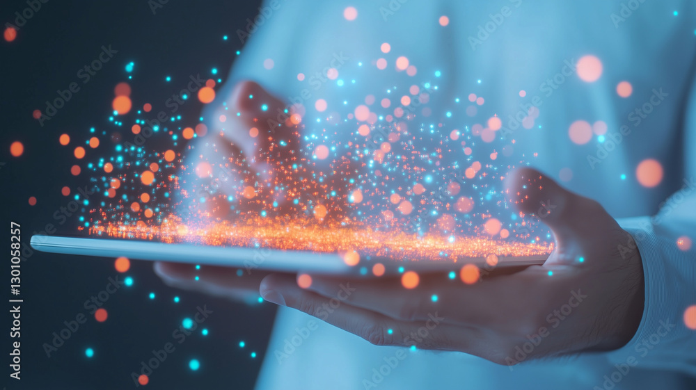 Poster person holding tablet with glowing particles and digital effects, symbolizing technology and innovat