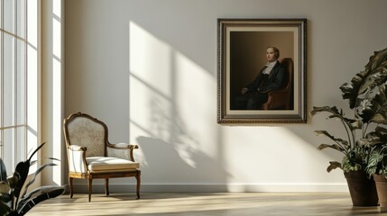 Fototapeta premium Sunlit room interior with antique chair, portrait, and plants.