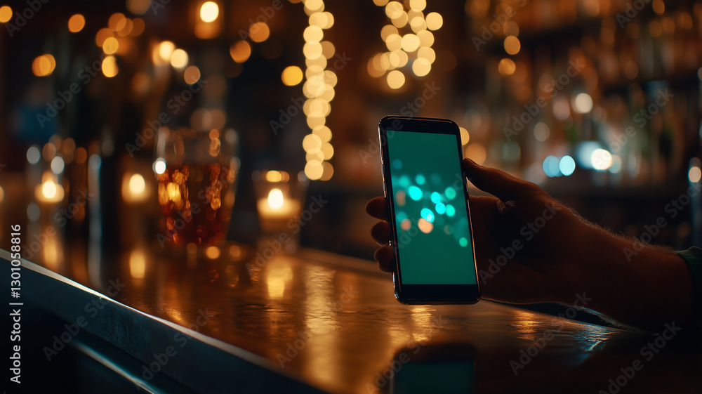 Aufkleber hand holding smartphone with blurred background of lights in bar setting, creating cozy and inviting