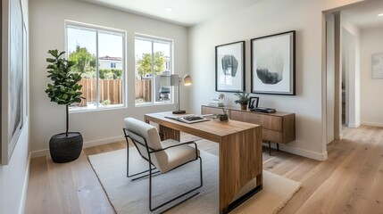 Modern office interior with wooden desk.