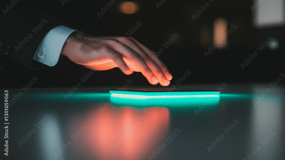 Poster hand touching glowing device on table in dark environment, showcasing modern technology and innovati