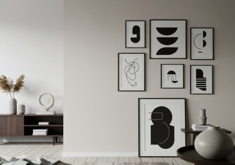 Gallery Wall of Black and White Abstract Geometric Prints in Modern Living Room