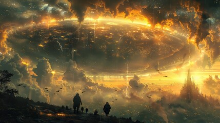 Two silhouetted figures stand on a hill, gazing at a massive glowing ring in a dramatic sky at sunset