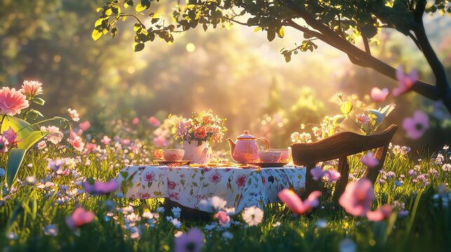 Serene picnic setup in a blooming garden.