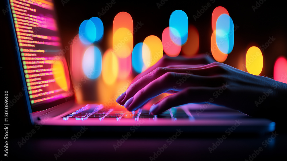 Poster person typing on laptop with colorful bokeh lights in background, creating vibrant tech atmosphere. 
