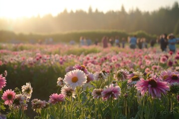 Obraz premium Sunset over a field of pink flowers with people in the background.