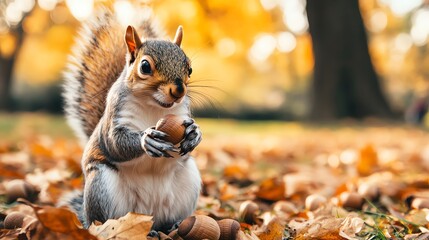 Squirrel holding nut in autumn leaves.