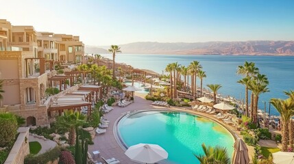 Fototapeta premium Luxury Resort Swimming Pool by the Sea with Palm Trees at Sunset