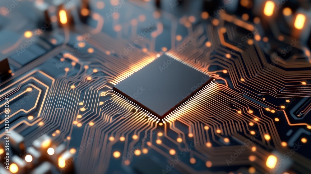Poster semiconductor circuit board with microchips concept, futuristic circuit board with densely packed mi