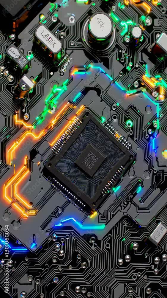 Poster neon pathways pulse through microprocessor core. electronic circuit traces illuminate in blue, orang