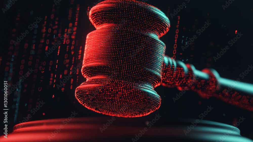 Poster digital gavel with binary code background, symbolizing justice and technology