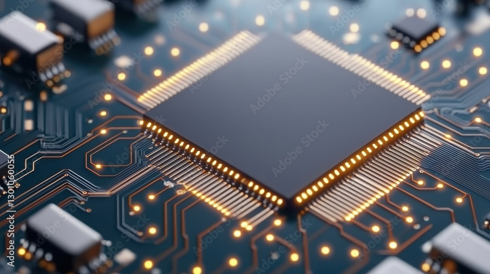 Poster semiconductor circuit board with microchips concept, detailed close-up of microchip circuit board wi