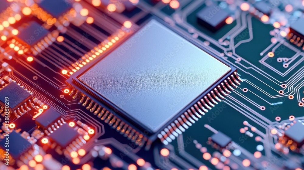 Poster semiconductor circuit board with microchips concept, close-up view of polished semiconductor circuit