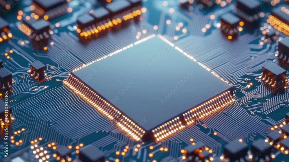 Poster semiconductor circuit board with microchips concept, close-up view of circuit board featuring microc