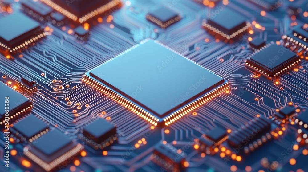 Poster semiconductor circuit board with microchips concept, detailed close-up of semiconductor circuit boar
