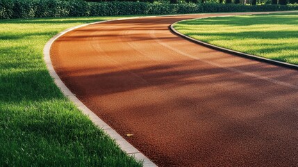 Obraz premium A curved reddish running track surrounded by green grassy areas