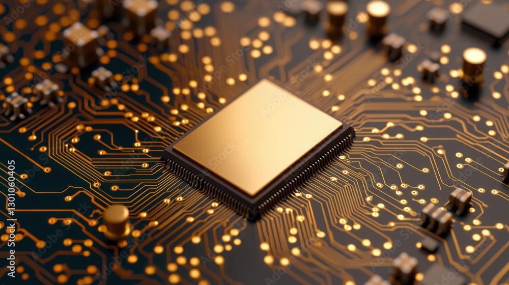 Poster semiconductor circuit board with microchips concept, detailed view of polished circuit board with mi