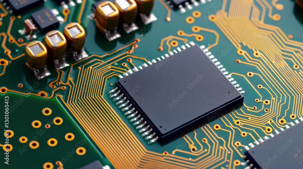 Aufkleber semiconductor circuit board with microchips concept, detailed close-up of polished circuit board wit