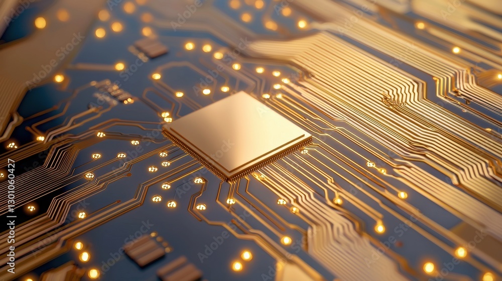 Poster semiconductor circuit board with microchips concept, golden circuit board with reflective microchips