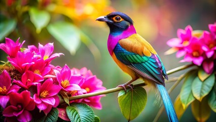 Vibrant Rainbow Bird Perched on Branch Amidst Lush Pink Blossoms, a Stunning Display of Nature's Artistry