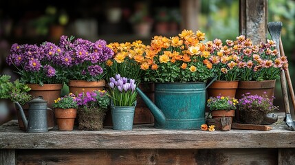 Obraz premium Springtime gardening Chrysanthemums, crocus, watering can, spade, and rake on wood. Perfect for text.