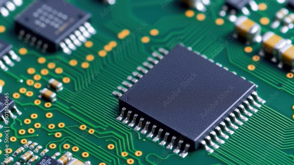 Poster semiconductor circuit board with microchips concept, close-up of a green circuit board featuring pre
