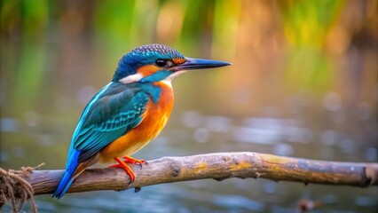 Fototapeta premium A Vibrant Kingfisher Perched on a Branch Near a Tranquil Water Body