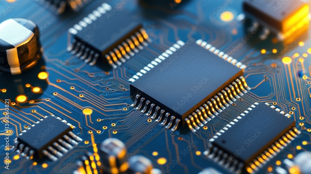 Poster semiconductor circuit board with microchips concept, high-tech circuit board featuring embedded micr