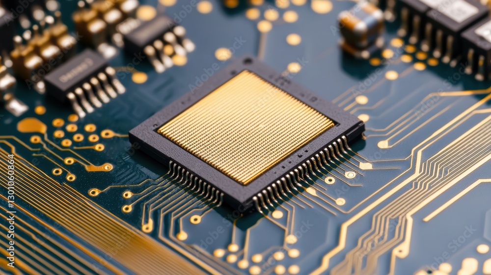 Poster semiconductor circuit board with microchips concept, detailed view of polished semiconductor board f